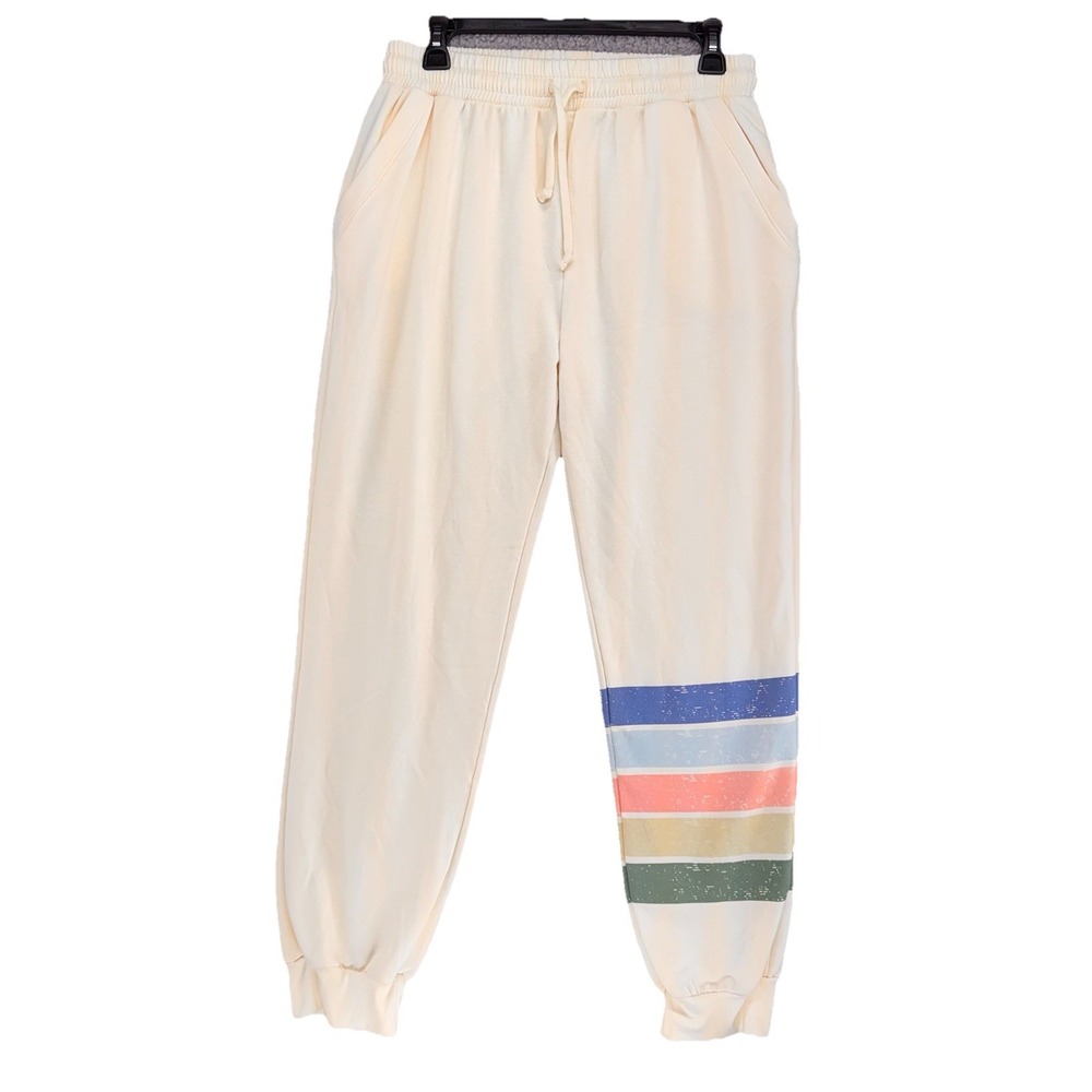 78‎ & Sunny Womens L Cream Rainbow Stripe Jogger Sweatpants Lounge Drawstring